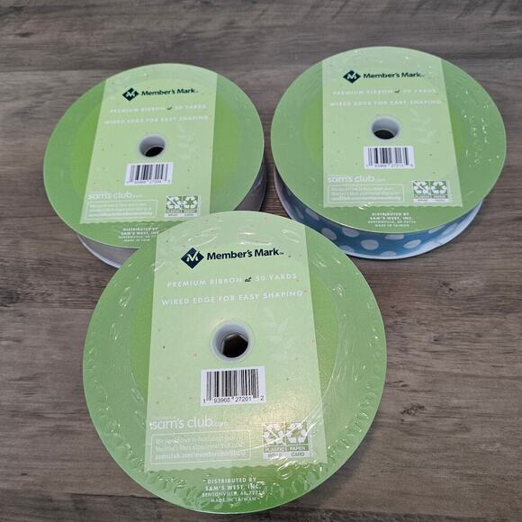 Members Mark Ribbon 50 Yards Wired Spring 1.5" 2.5" 3 Set Blue Truck Polka Dot B - Picture 6 of 7